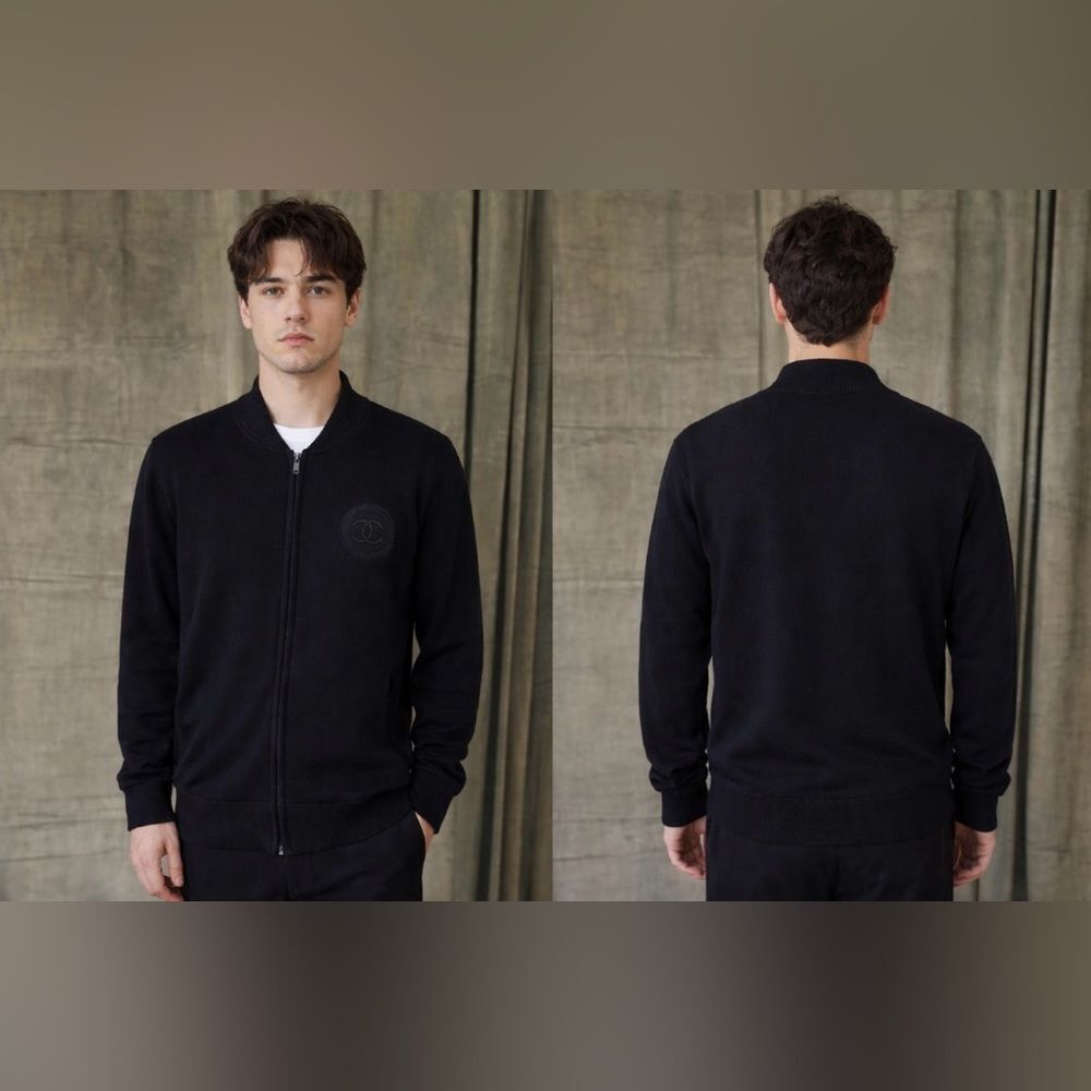 Chanel Uniform wool/cotton Black zipper cardigan, M